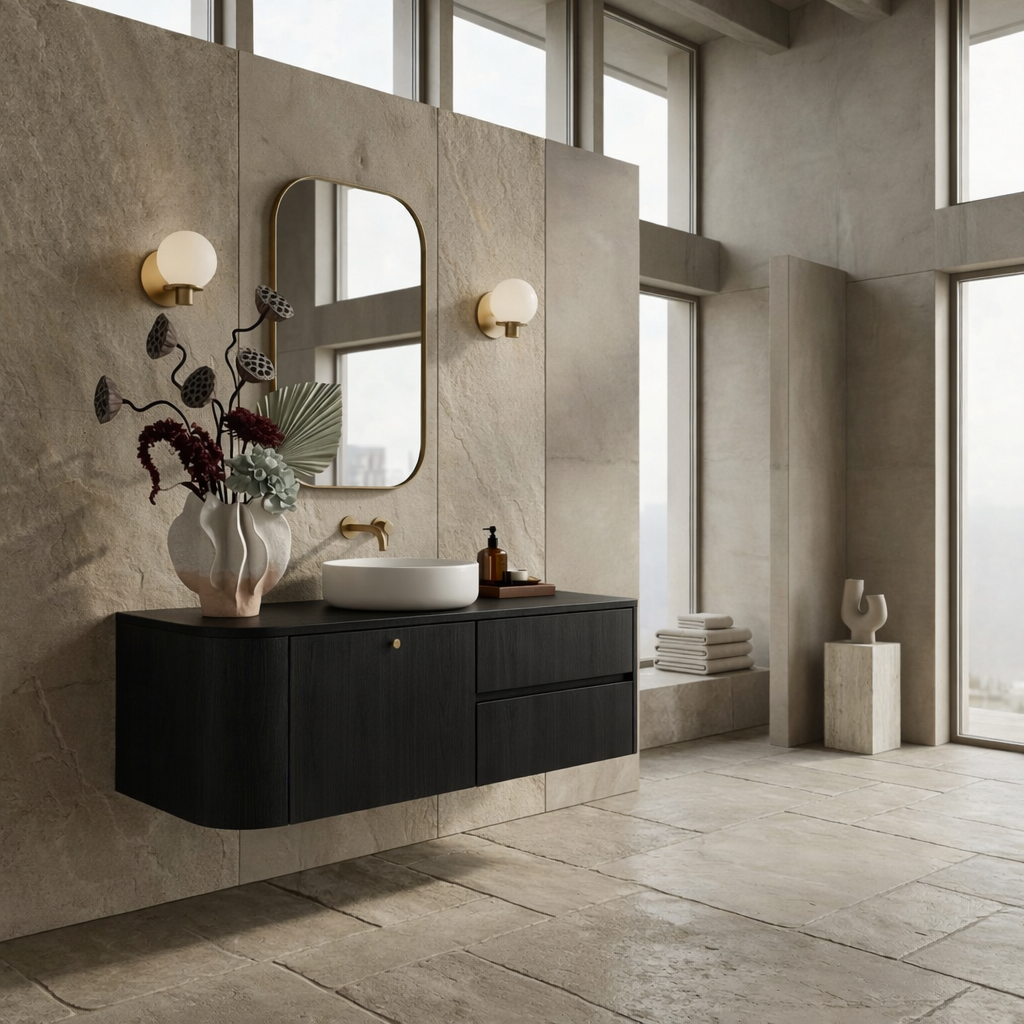 Floating Bathroom Vanity with Curved Edges and Spacious Drawers – Handcrafted Solid Wood Design