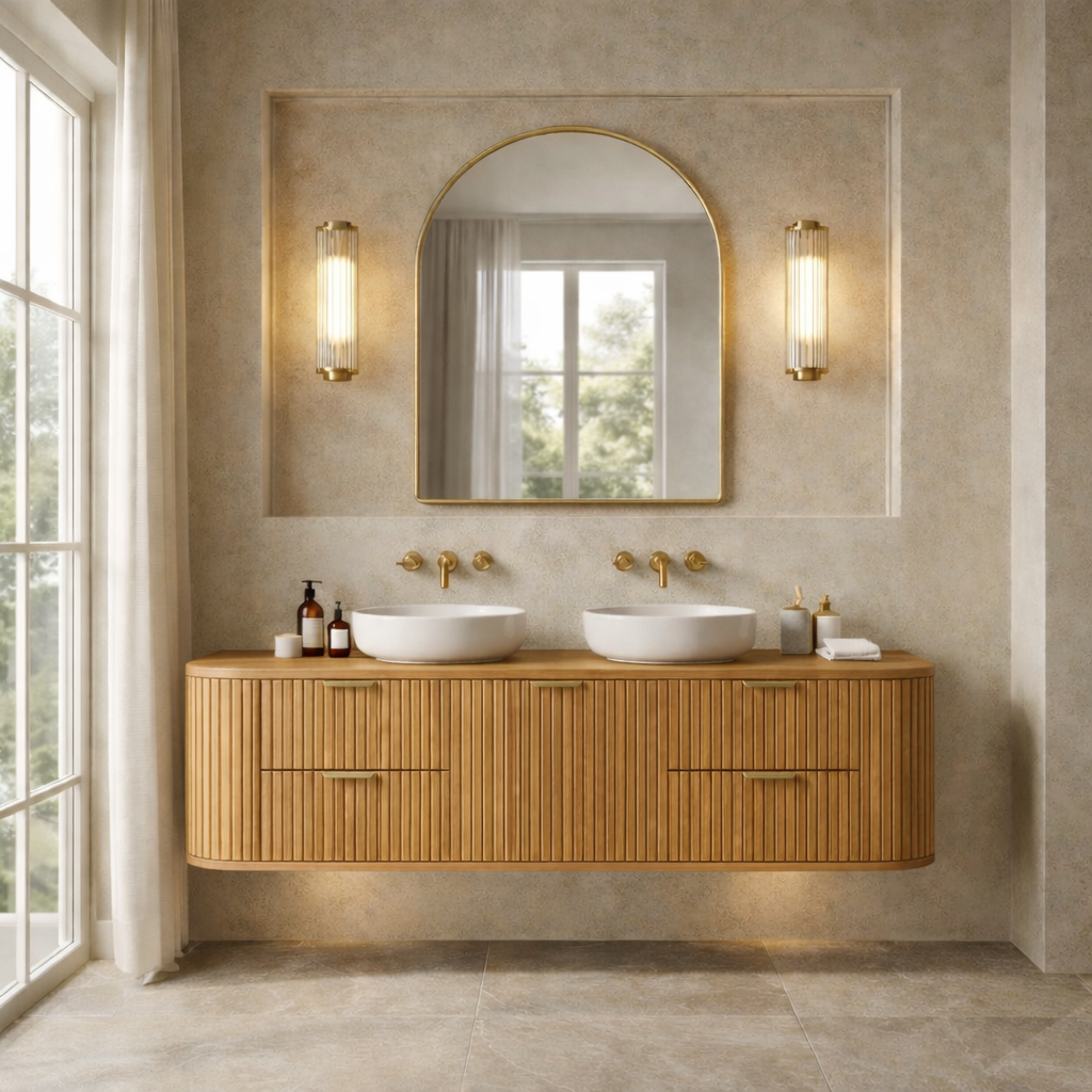 Handcrafted Floating Bathroom Vanity with Fluted Drawers – Elegant Wooden Design