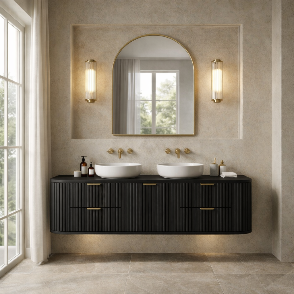 Handcrafted Floating Bathroom Vanity with Fluted Drawers – Elegant Wooden Design