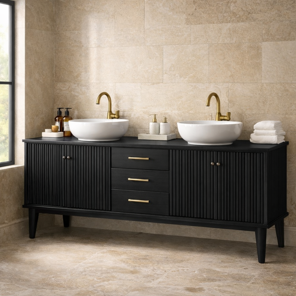 Handcrafted Fluted Freestanding Double Vanity - Solid Wood Mid-Century Modern Cabinet