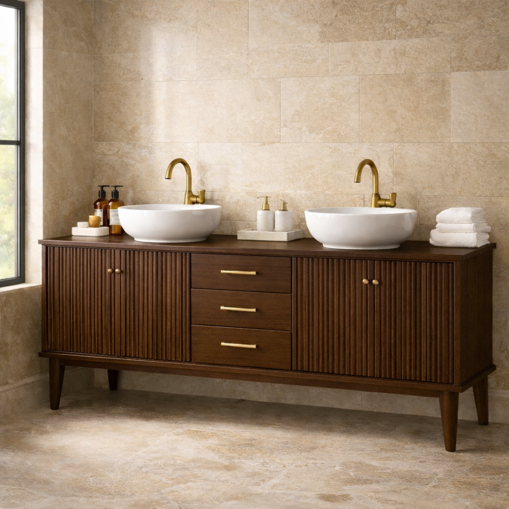 Handcrafted Fluted Freestanding Double Vanity - Solid Wood Mid-Century Modern Cabinet