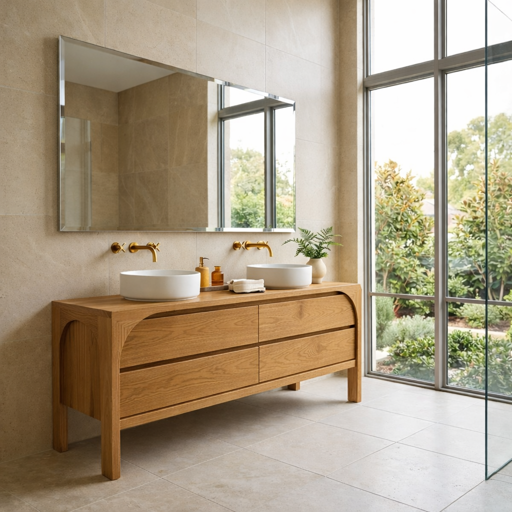 Solid Wood Modern Double Sink Bathroom Vanity with Curved Edge Frame & 4 Drawers