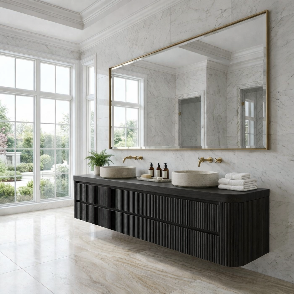 Floating Double Sink Bathroom Vanity with Fluted Front Drawers – Modern Solid Wood