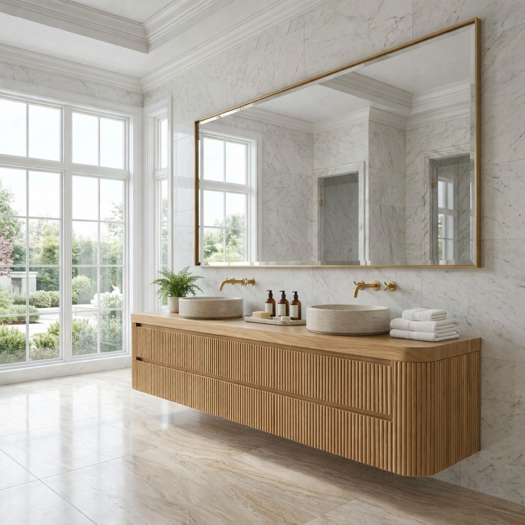 Floating Double Sink Bathroom Vanity with Fluted Front Drawers – Modern Solid Wood