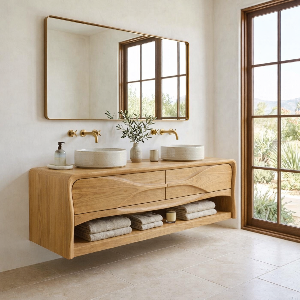 Handcrafted Wave Design Floating Vanity - Solid Wood Sculptural Mid-Century Bathroom Cabinet