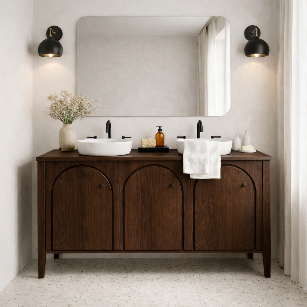 Handcrafted Triple Arch Double Vanity - Solid Wood Freestanding Modern Bathroom Cabinet