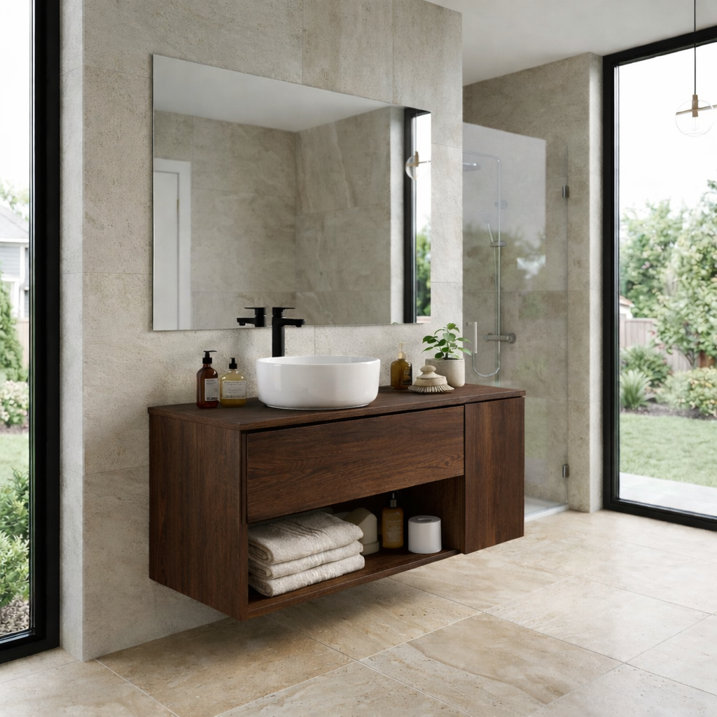 Floating Bathroom Vanity with Drawer and Open Shelf Storage Solid Wood Cabinet