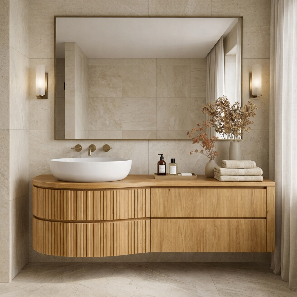 Curved Floating Bathroom Vanity with Fluted Wood Panels and Drawer Storage