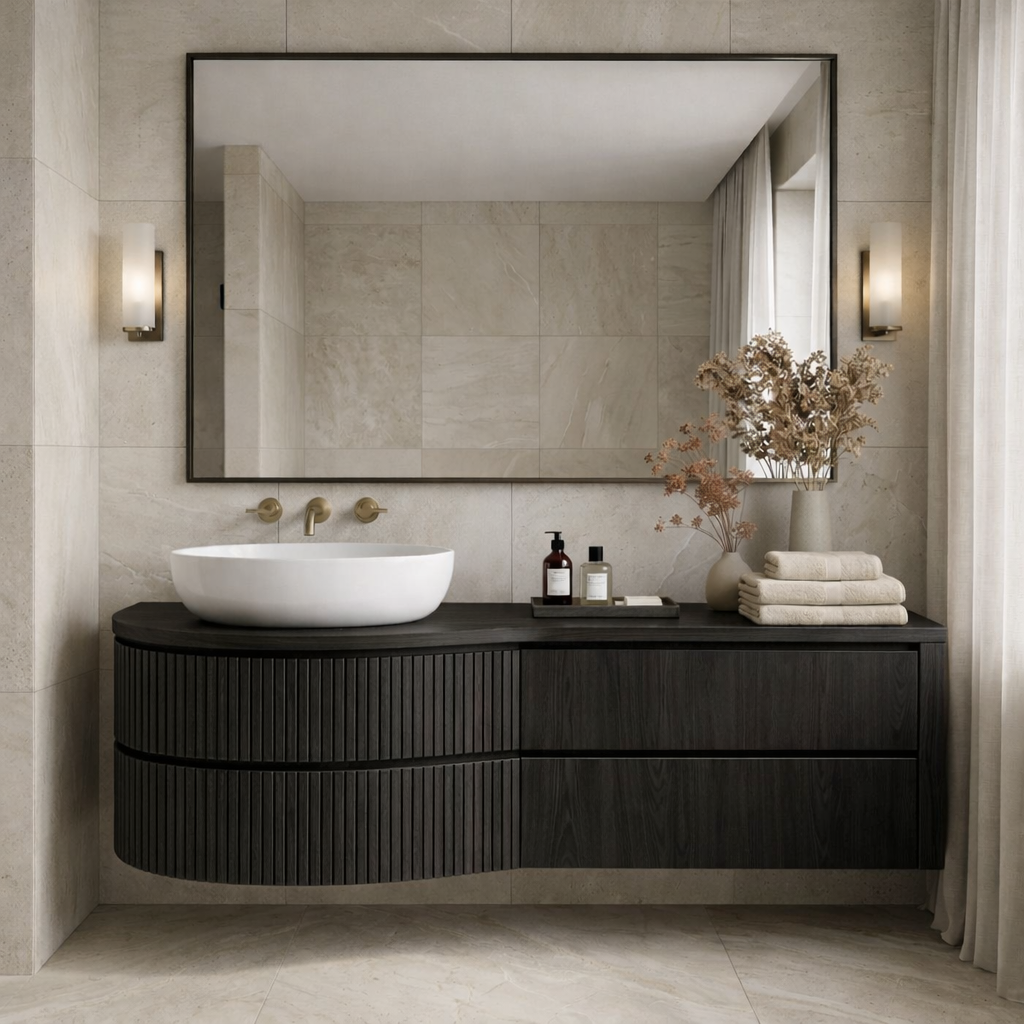 Curved Floating Bathroom Vanity with Fluted Wood Panels and Drawer Storage