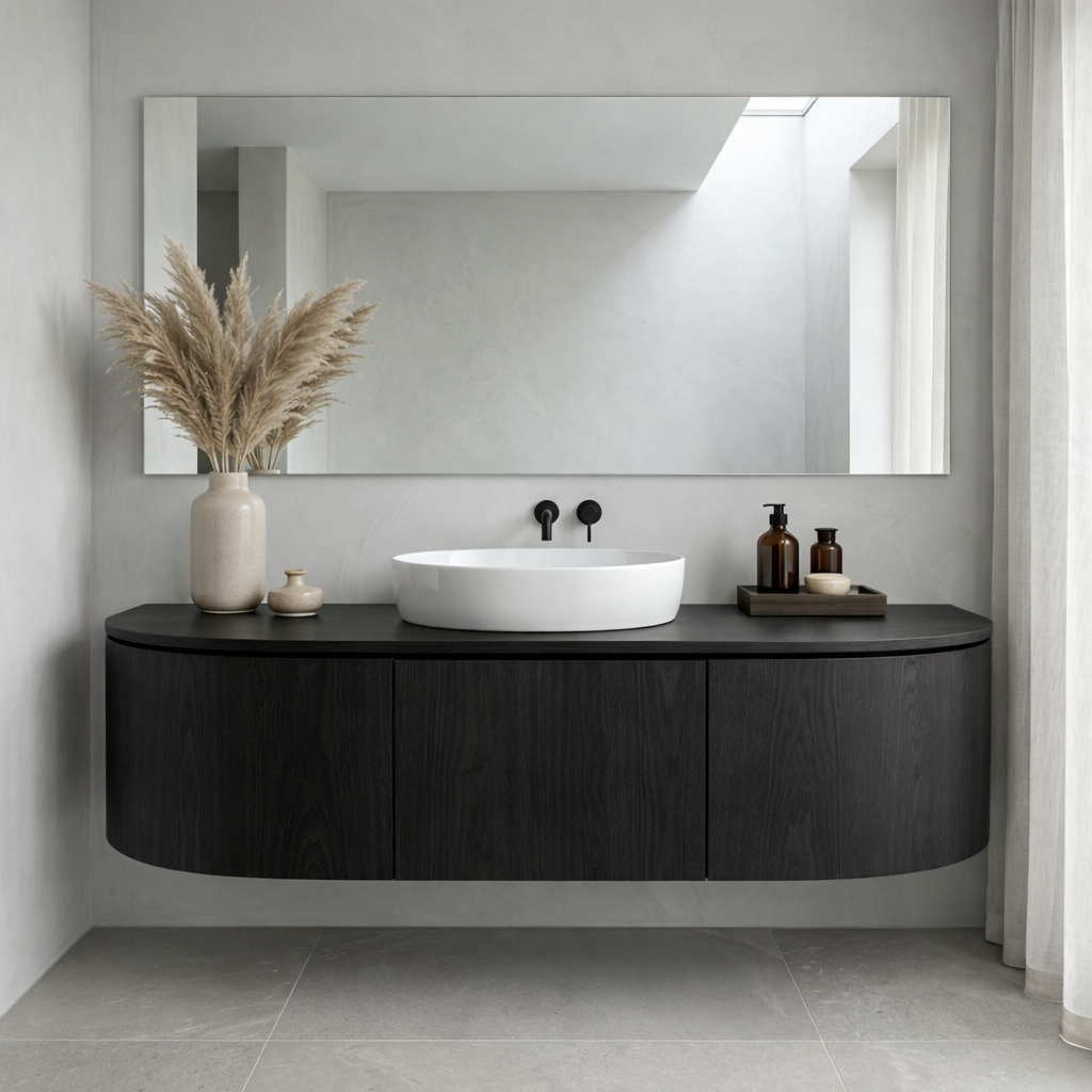 Curved Edge Floating Bathroom Vanity with Rounded Side Cabinets and Hidden Storage