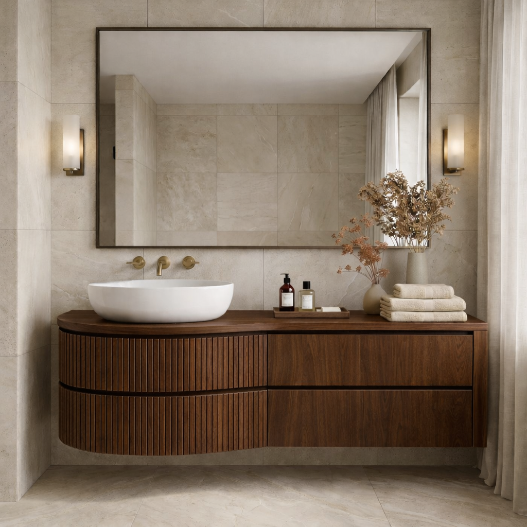 Curved Floating Bathroom Vanity with Fluted Wood Panels and Drawer Storage