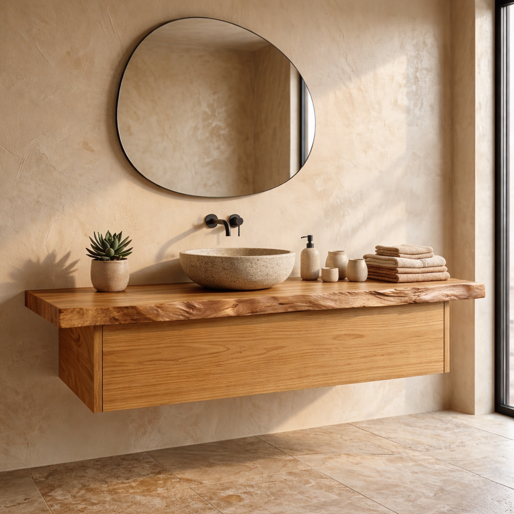 Floating Bathroom Vanity with Live Edge Wood Countertop and Minimalist Cabinet