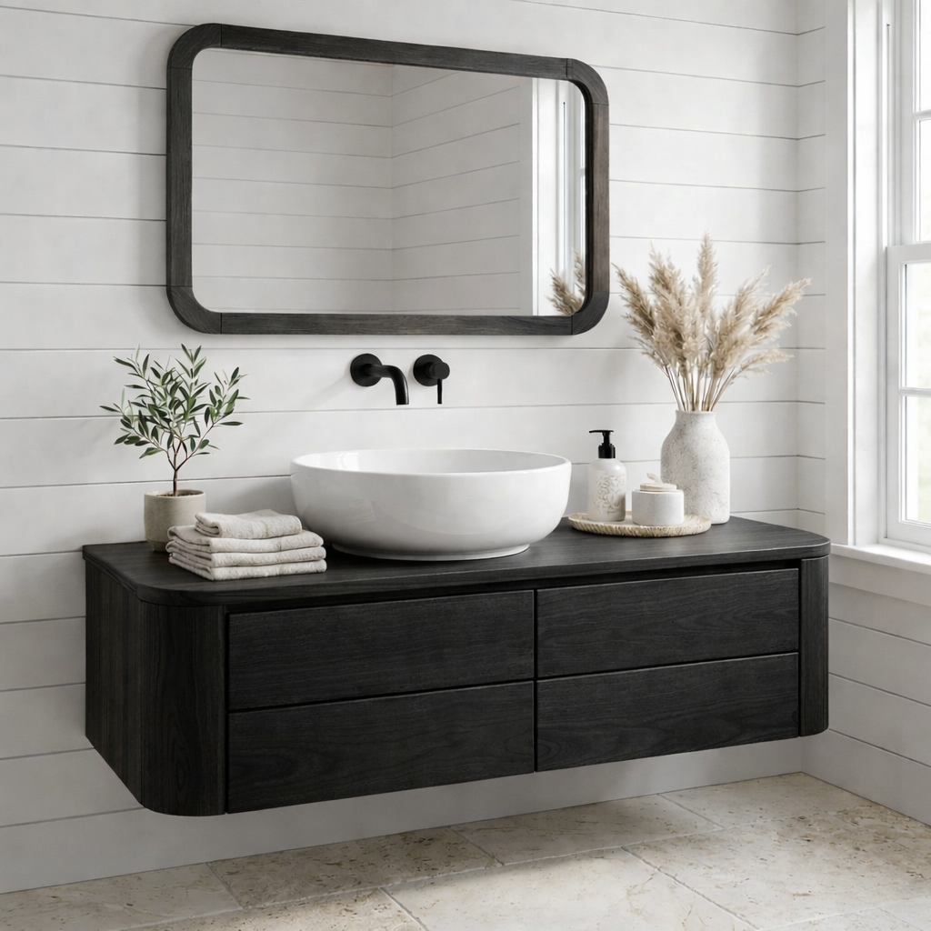 Floating Bathroom Vanity with Rounded Edges and Four Drawer Storage Cabinet