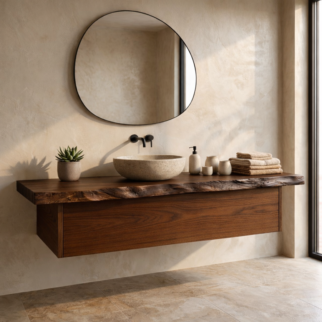 Floating Bathroom Vanity with Live Edge Wood Countertop and Minimalist Cabinet