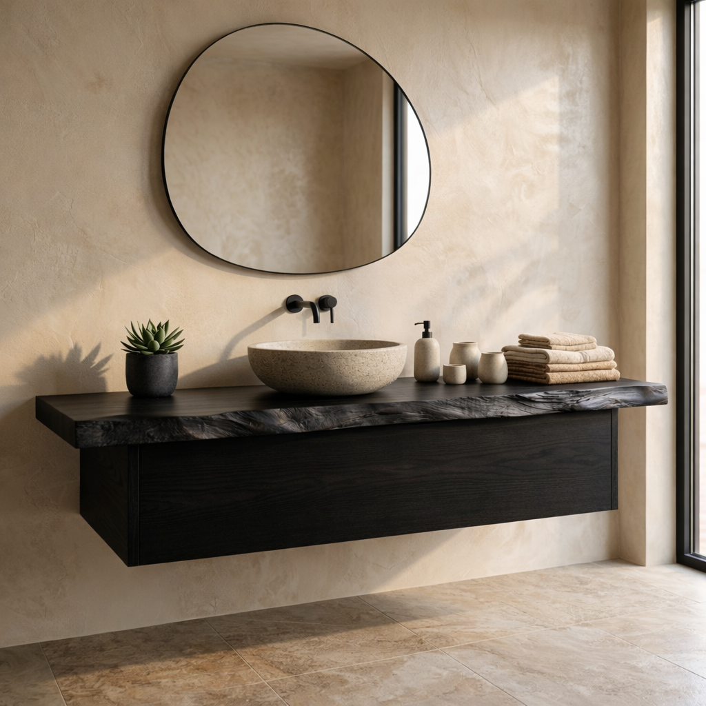 Floating Bathroom Vanity with Live Edge Wood Countertop and Minimalist Cabinet