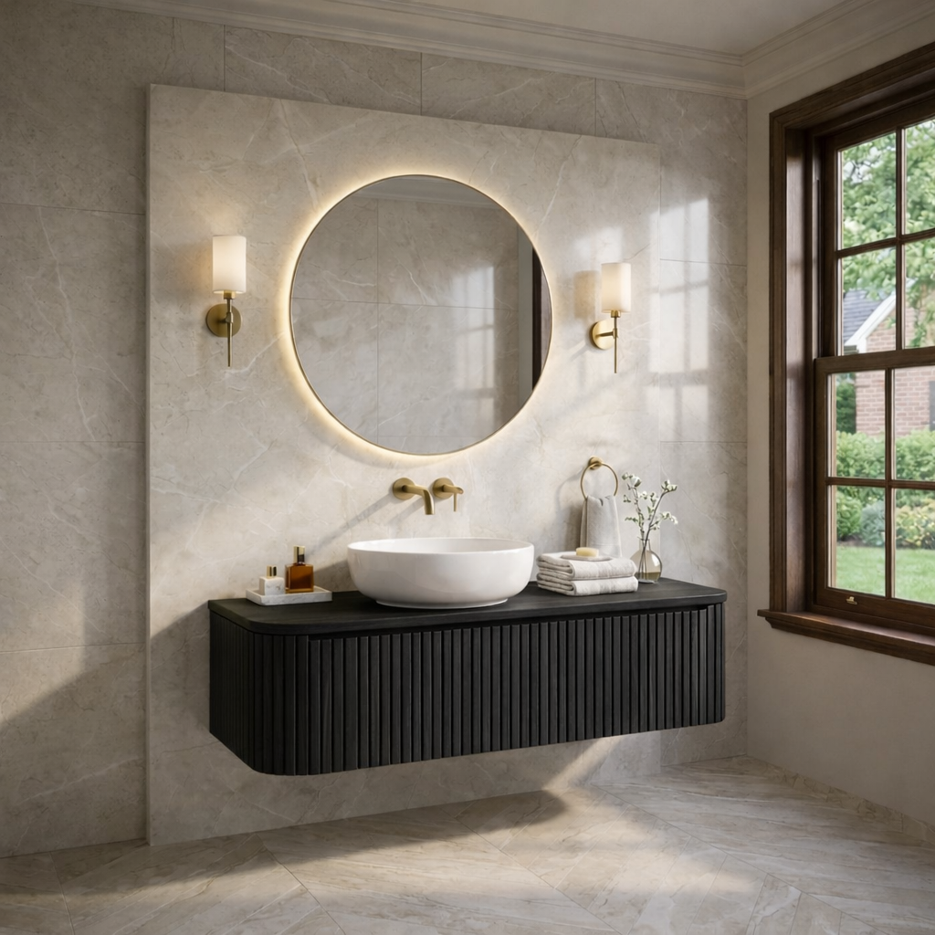 Floating Bathroom Vanity with Fluted Wood Panels and Rounded Edge Design