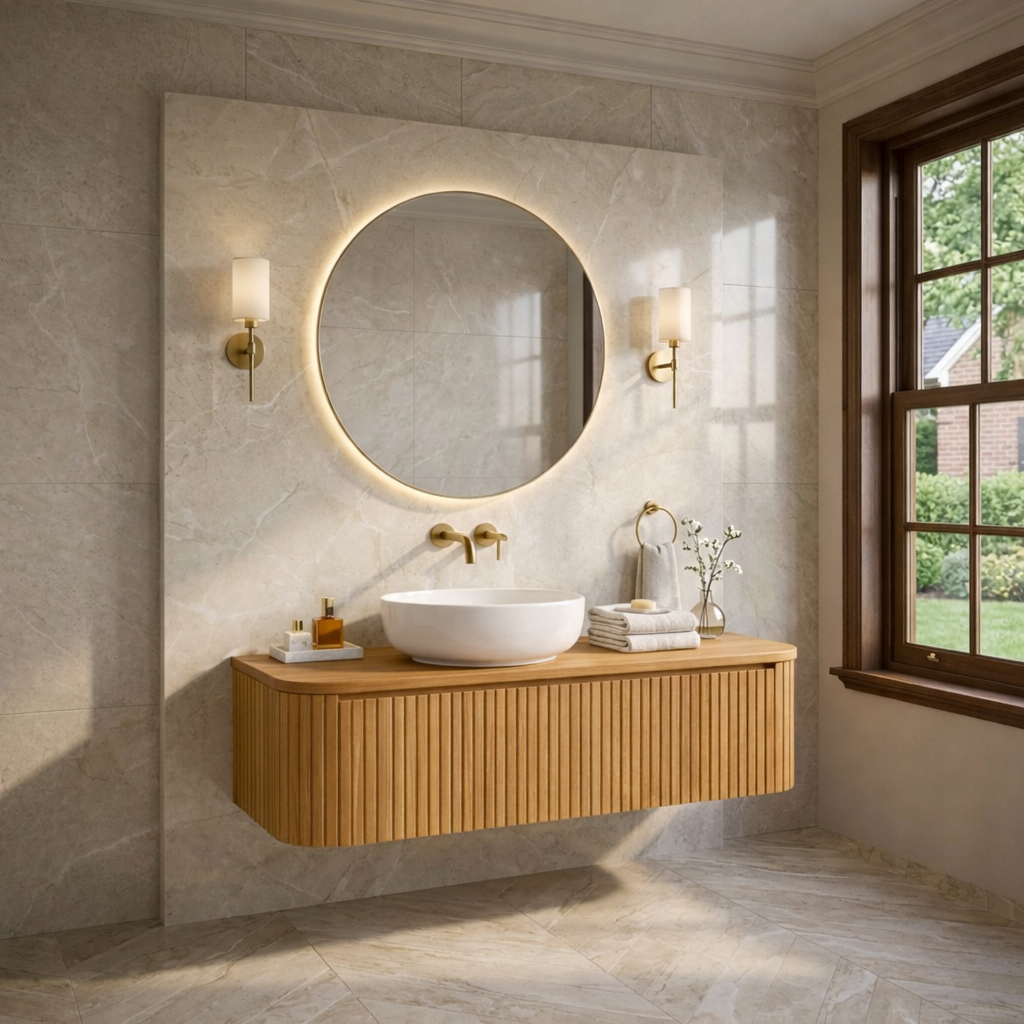 Floating Bathroom Vanity with Fluted Wood Panels and Rounded Edge Design