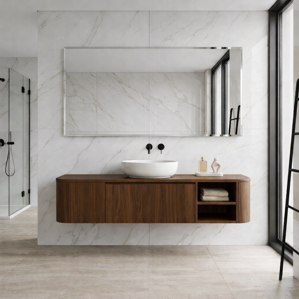 Floating Bathroom Vanity with Rounded Side Panel and Open Shelf Storage Cabinet