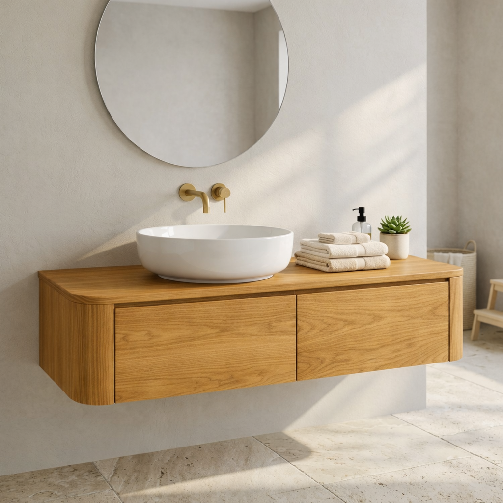 Floating Bathroom Vanity with Rounded Corners and Two Drawer Storage Cabinet