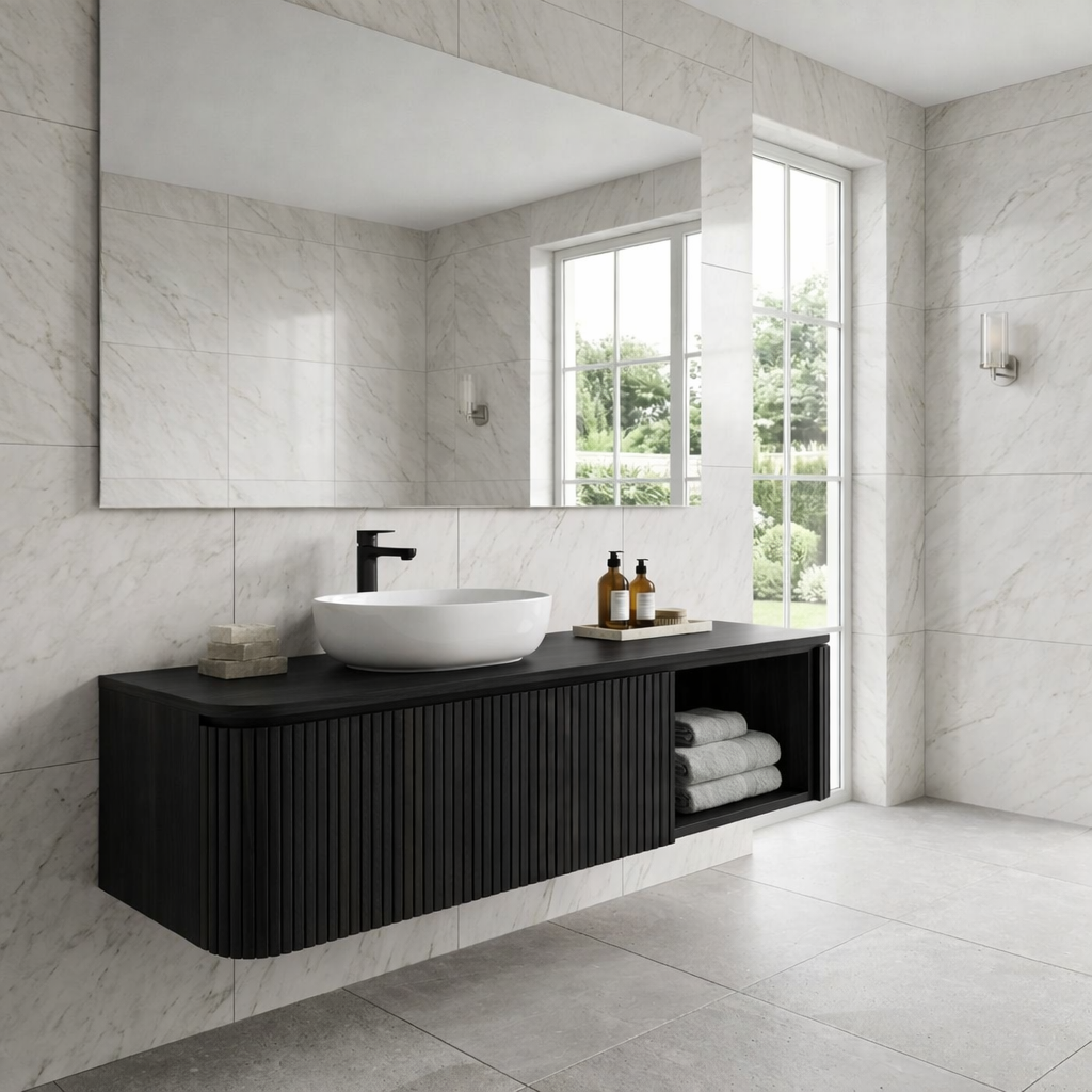 Floating Bathroom Vanity with Fluted Wood Front and Open Shelf Storage
