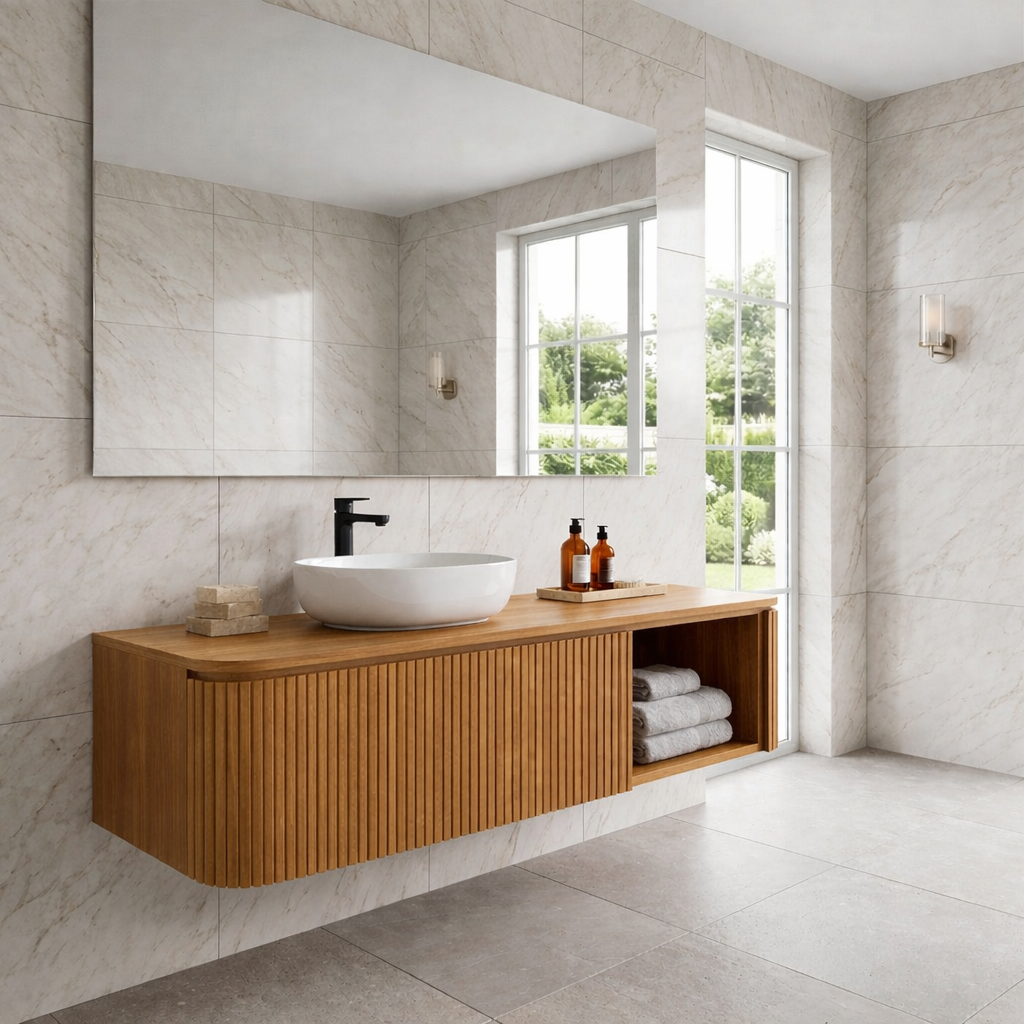 Floating Bathroom Vanity with Fluted Wood Front and Open Shelf Storage