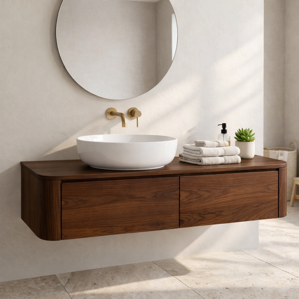 Floating Bathroom Vanity with Rounded Corners and Two Drawer Storage Cabinet