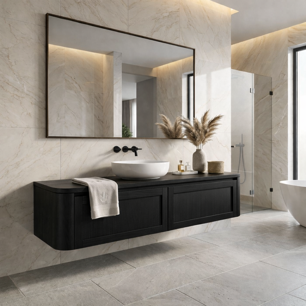 Floating Bathroom Vanity with Framed Panel Doors and Rounded Side Design
