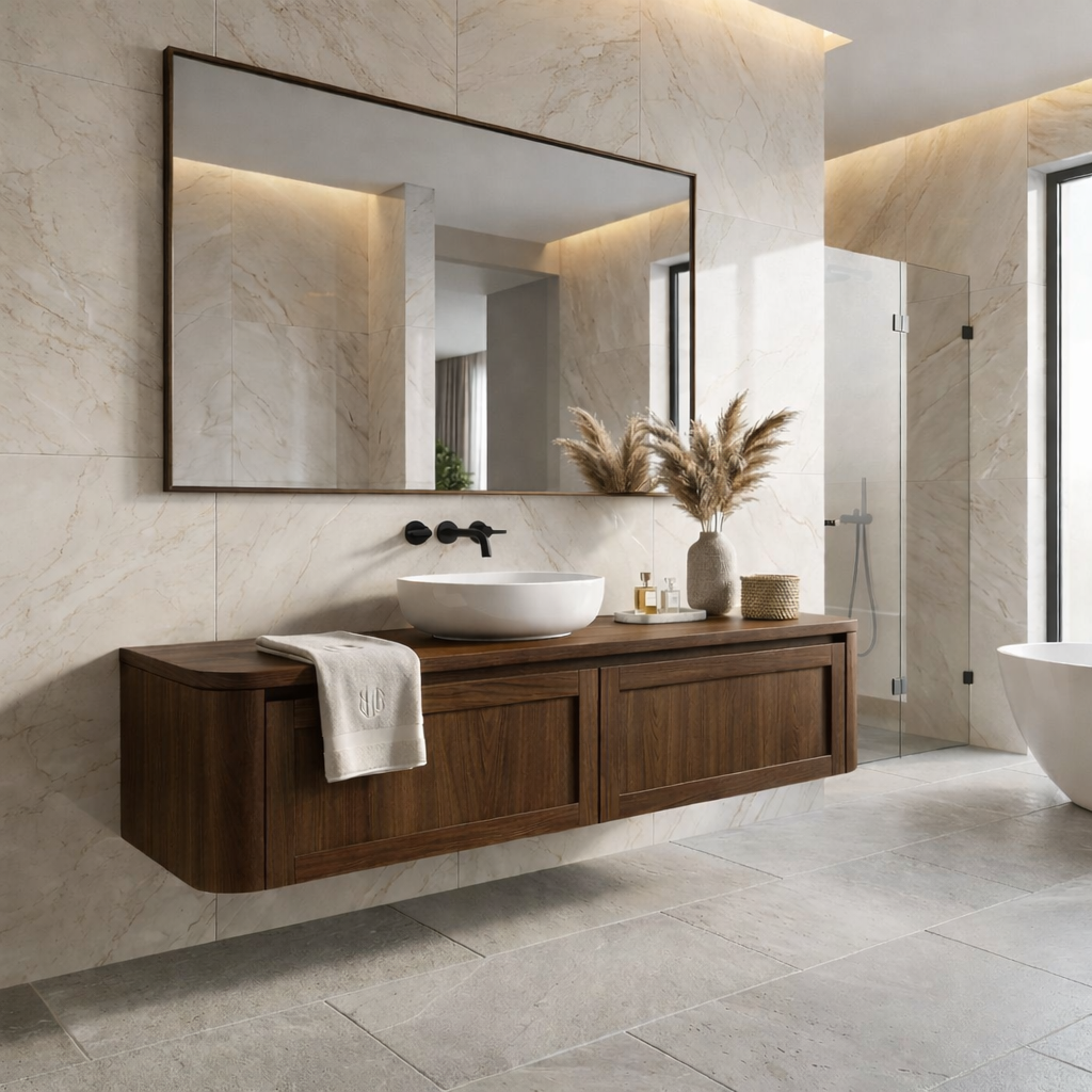 Floating Bathroom Vanity with Framed Panel Doors and Rounded Side Design