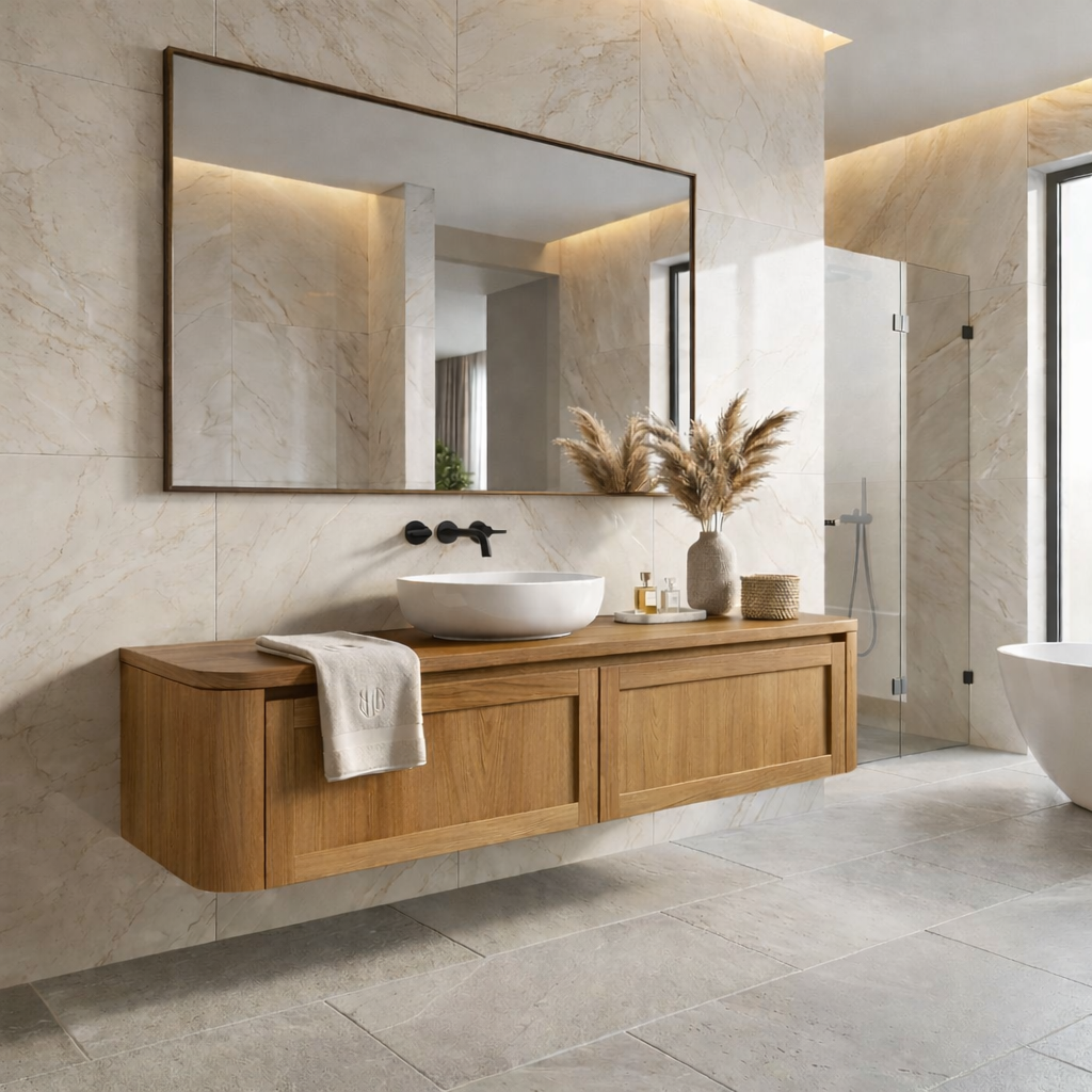 Floating Bathroom Vanity with Framed Panel Doors and Rounded Side Design
