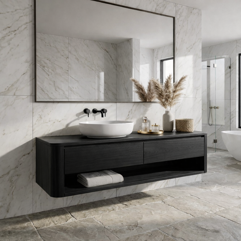 Floating Bathroom Vanity with Two Drawers and Open Shelf Storage Design