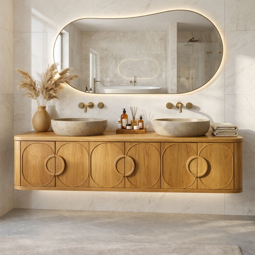 Floating Bathroom Vanity with Circular Carved Doors and Sculptural Ring Handles
