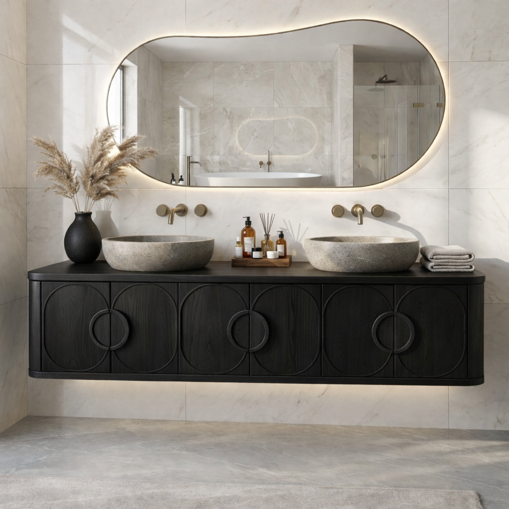 Floating Bathroom Vanity with Circular Carved Doors and Sculptural Ring Handles