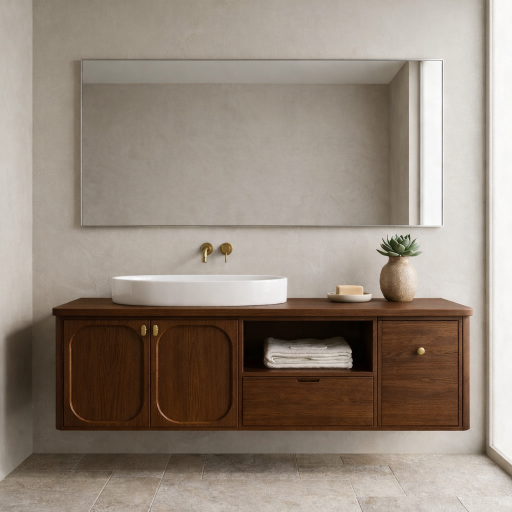 Floating Bathroom Vanity with Arched Cabinet Doors Drawer and Open Shelf Storage