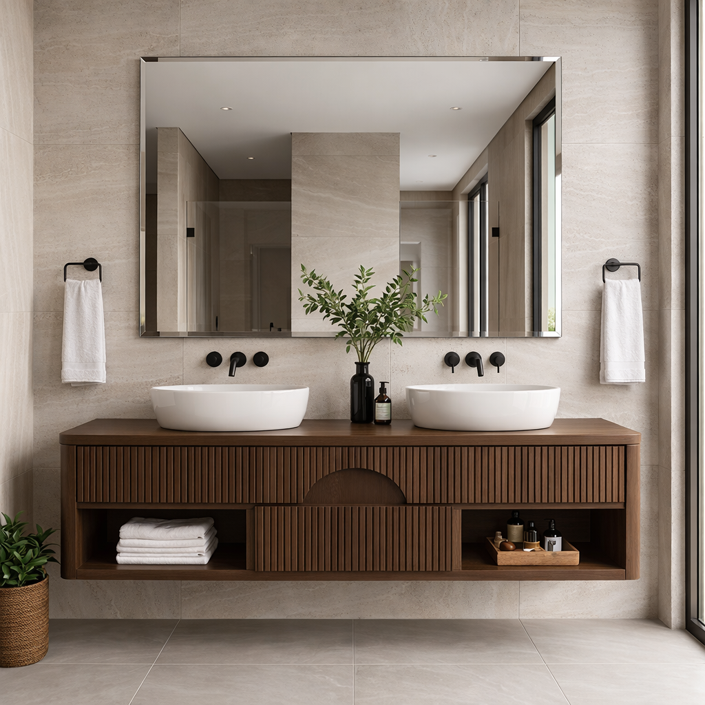 Floating Bathroom Vanity with Fluted Wood Front and Center Arch Drawer Design