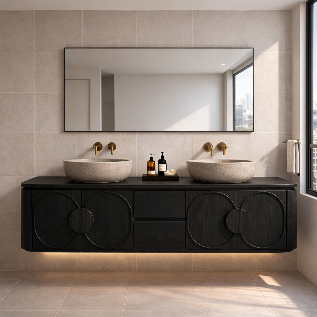Floating Bathroom Vanity with Circular Panel Doors and Center Drawer Storage