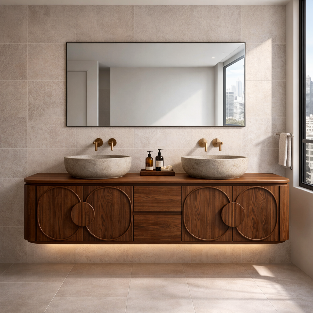 Floating Bathroom Vanity with Circular Panel Doors and Center Drawer Storage