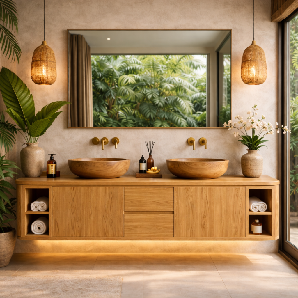 Solid Wood Floating Bathroom Vanity with Center Drawers and Open Side Shelves Storage Design
