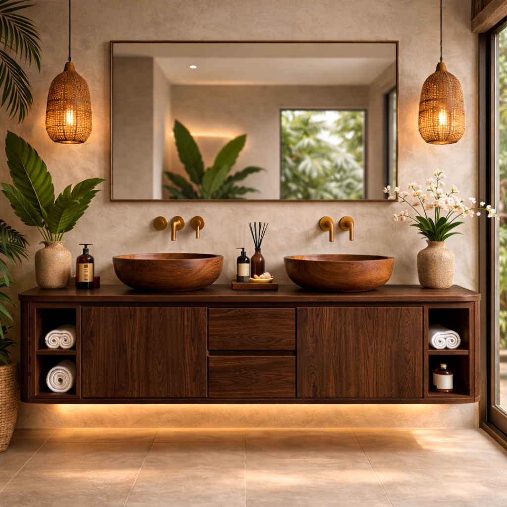Solid Wood Floating Bathroom Vanity with Center Drawers and Open Side Shelves Storage Design