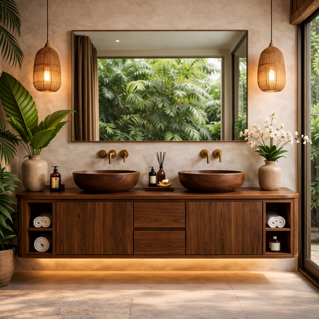 Solid Wood Floating Bathroom Vanity with Center Drawers and Open Side Shelves Storage Design