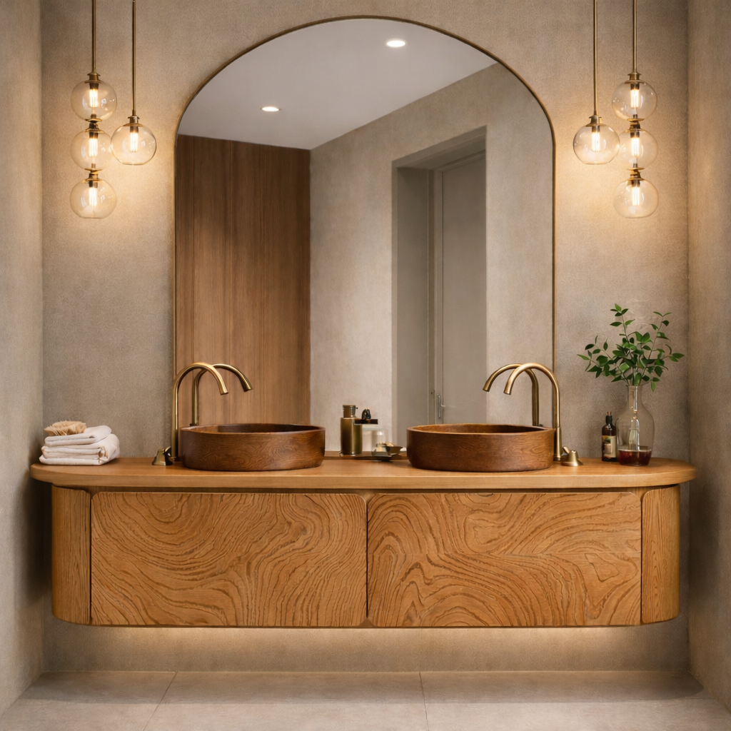 Floating Bathroom Vanity with Carved Wood Front and Rounded Edge Cabinet Design