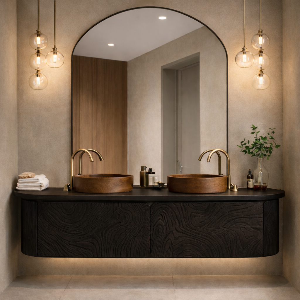 Floating Bathroom Vanity with Carved Wood Front and Rounded Edge Cabinet Design
