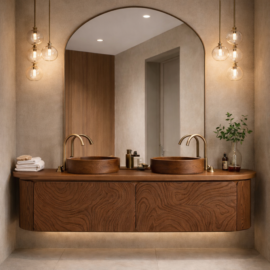 Floating Bathroom Vanity with Carved Wood Front and Rounded Edge Cabinet Design