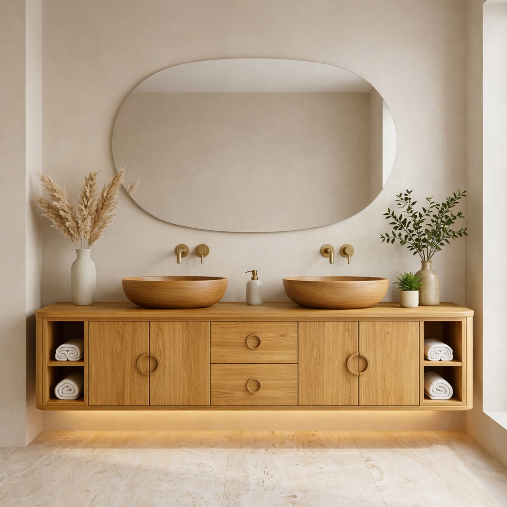 Floating Bathroom Vanity with Circle Handle Cabinets Center Drawers and Open Shelf Storage