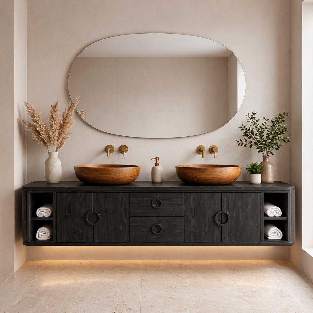 Floating Bathroom Vanity with Circle Handle Cabinets Center Drawers and Open Shelf Storage