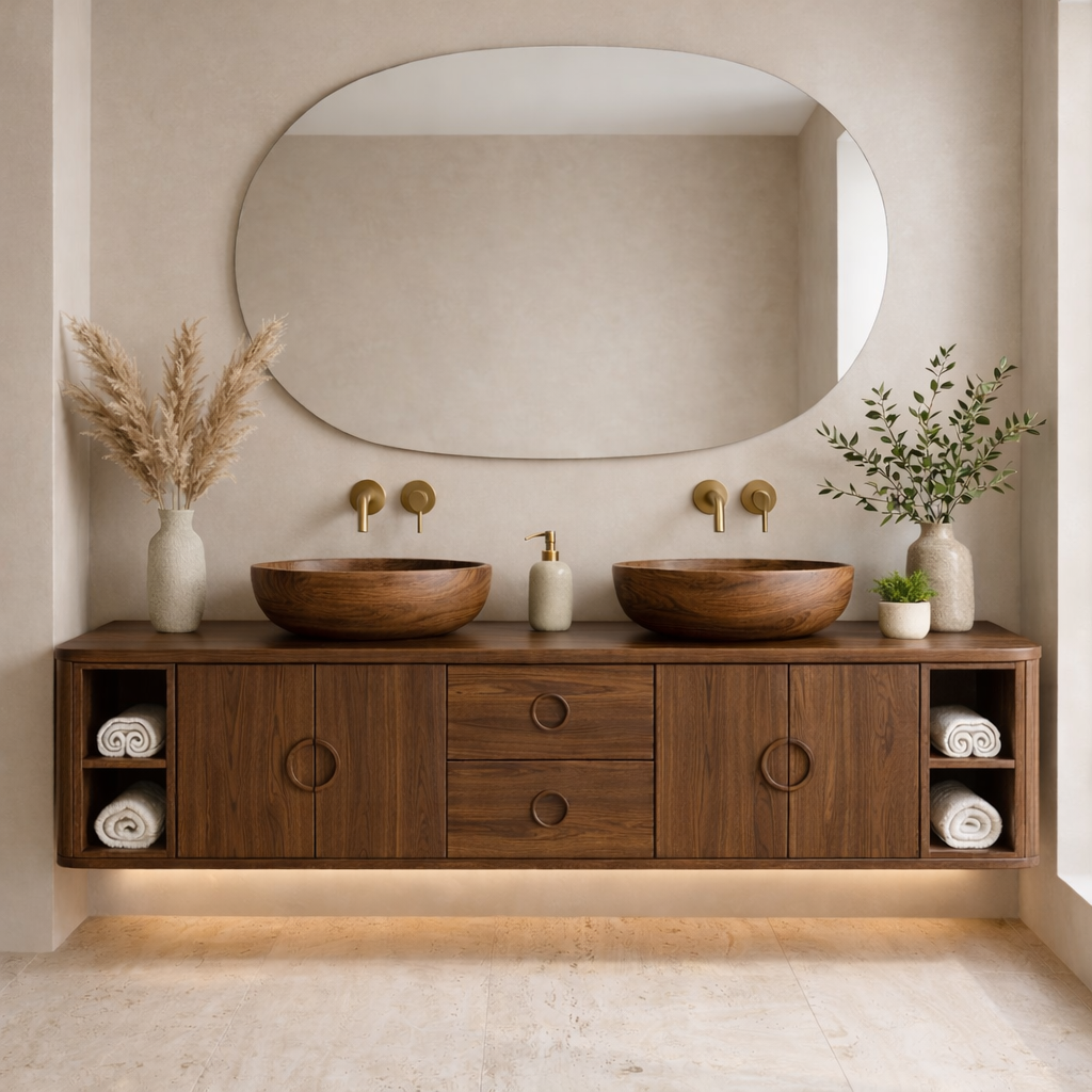 Floating Bathroom Vanity with Circle Handle Cabinets Center Drawers and Open Shelf Storage