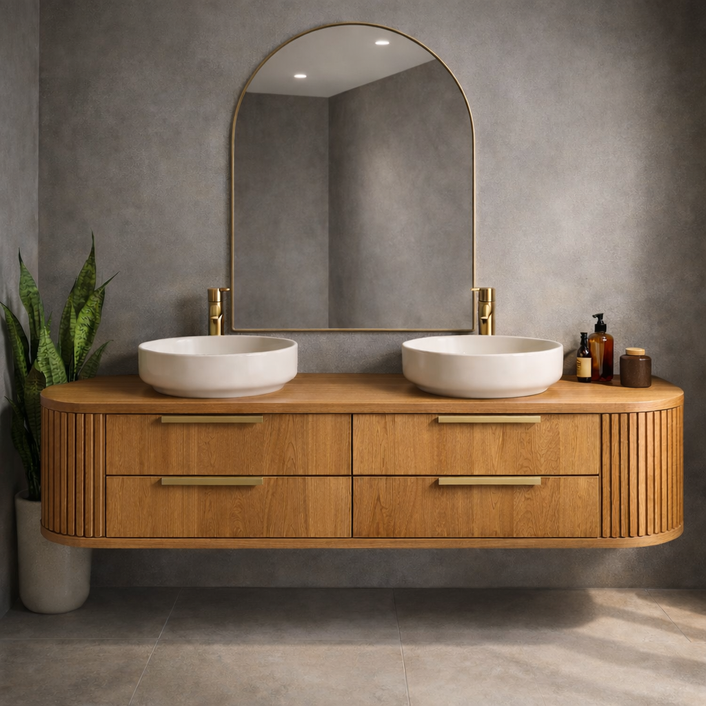 Floating Bathroom Vanity with Fluted Side Panels and Four Drawer Storage Design
