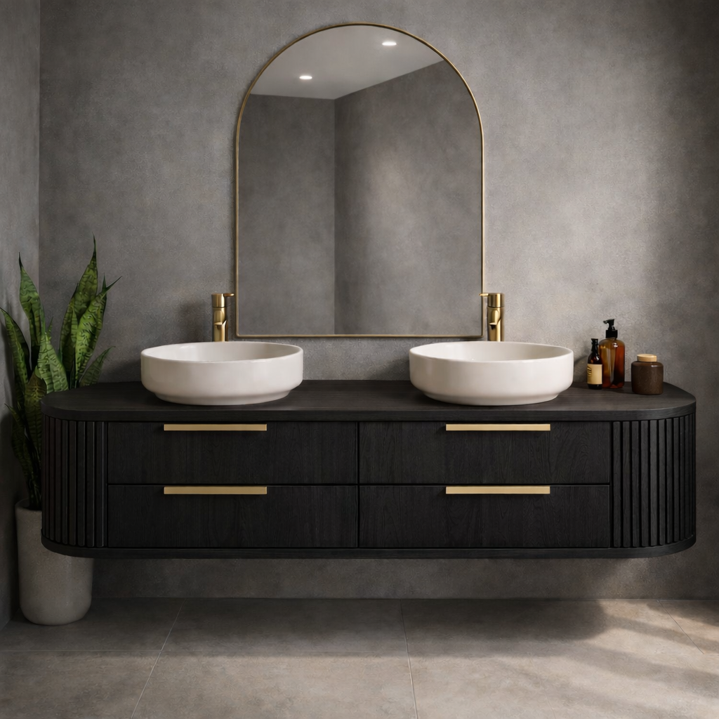 Floating Bathroom Vanity with Fluted Side Panels and Four Drawer Storage Design