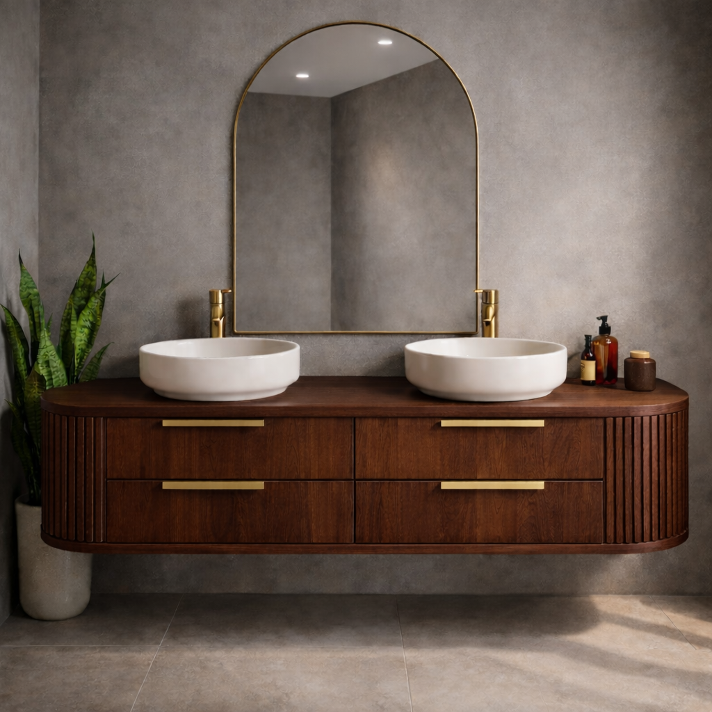 Floating Bathroom Vanity with Fluted Side Panels and Four Drawer Storage Design