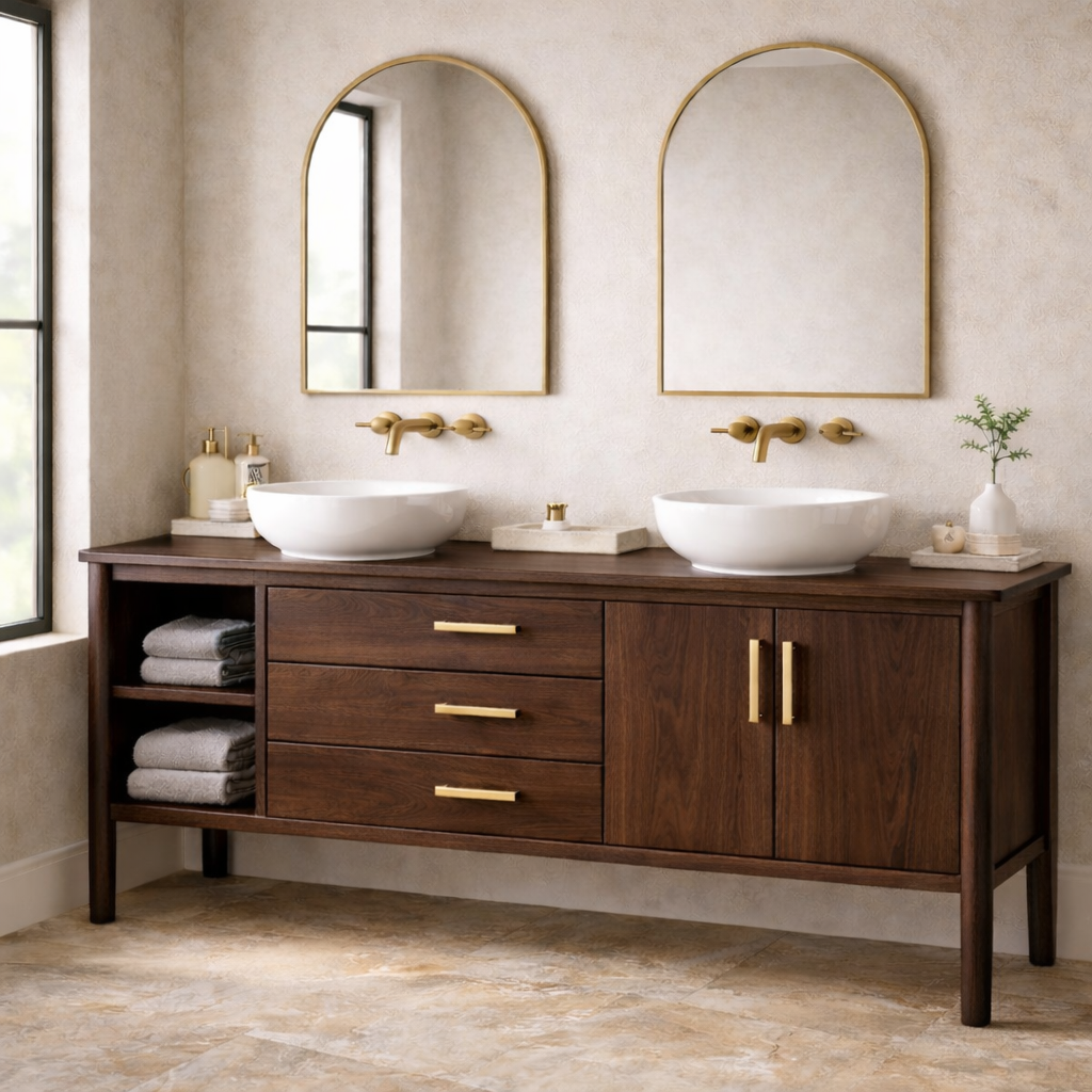 Solid Wood Bathroom Vanity with Open Shelf, Three Drawers and Double Door Cabinet