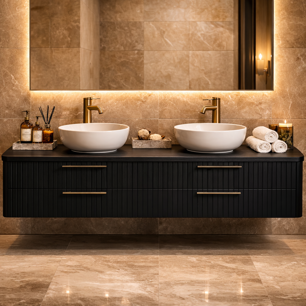 Floating Bathroom Vanity with Fluted Wood Front and Four Drawer Storage Design